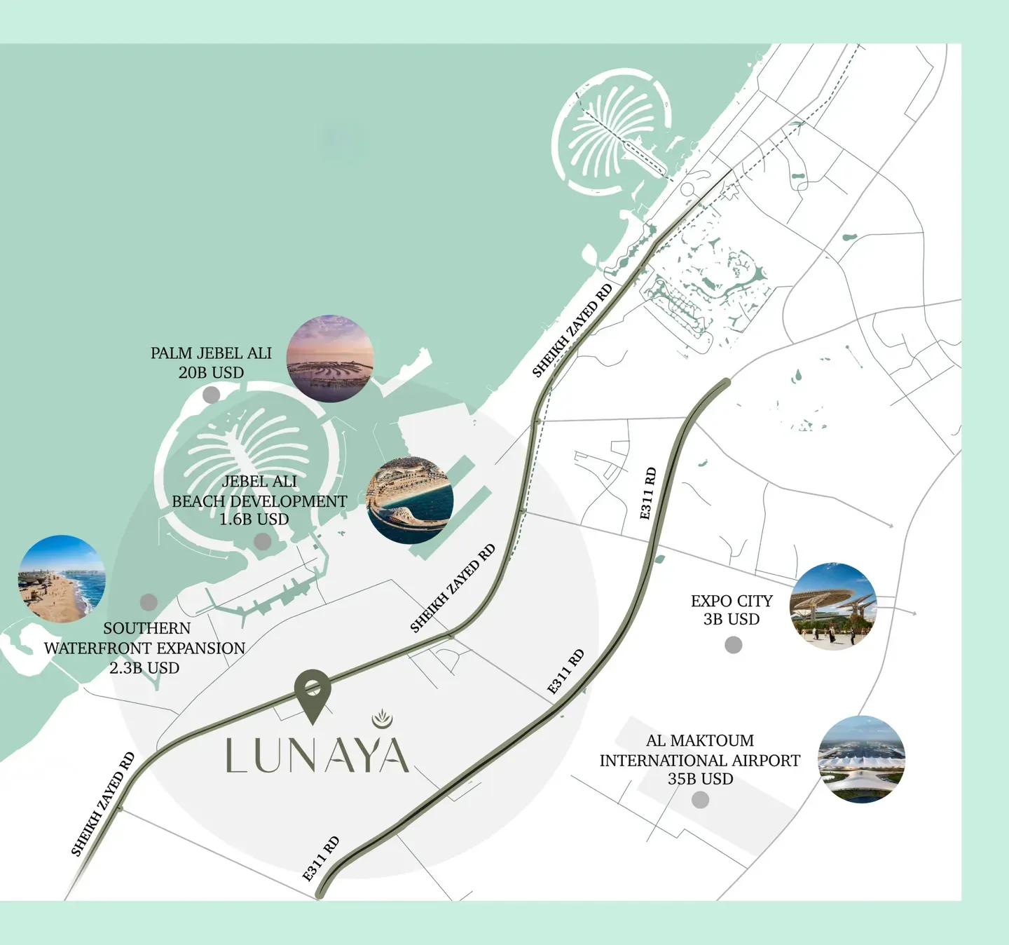 Map positioning Lunaya near Sheikh Zayed Road and major destinations in the Jebel Ali growth corridor