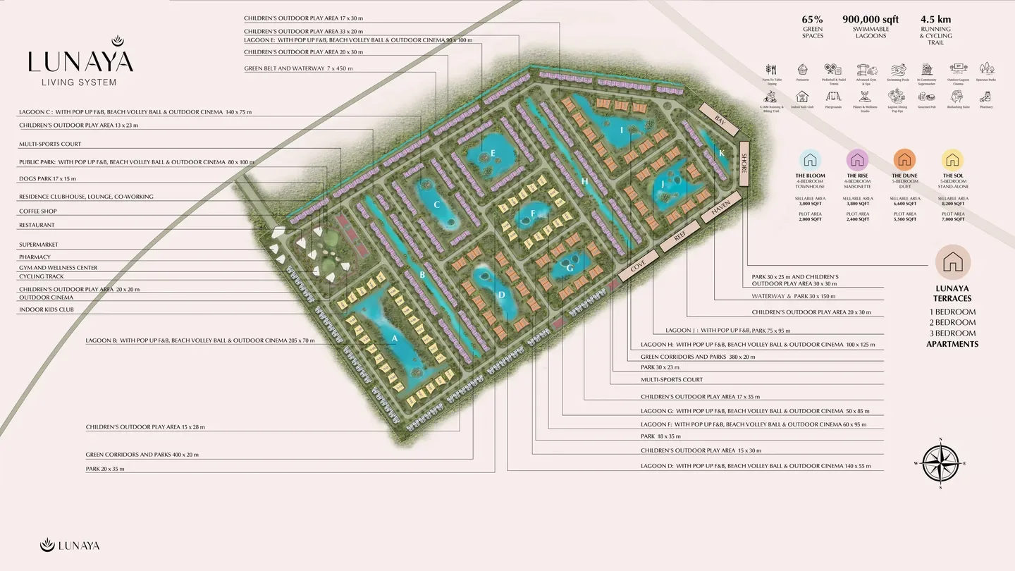 Lunaya masterplan showing lagoons, parks, villas and Lunaya Terraces